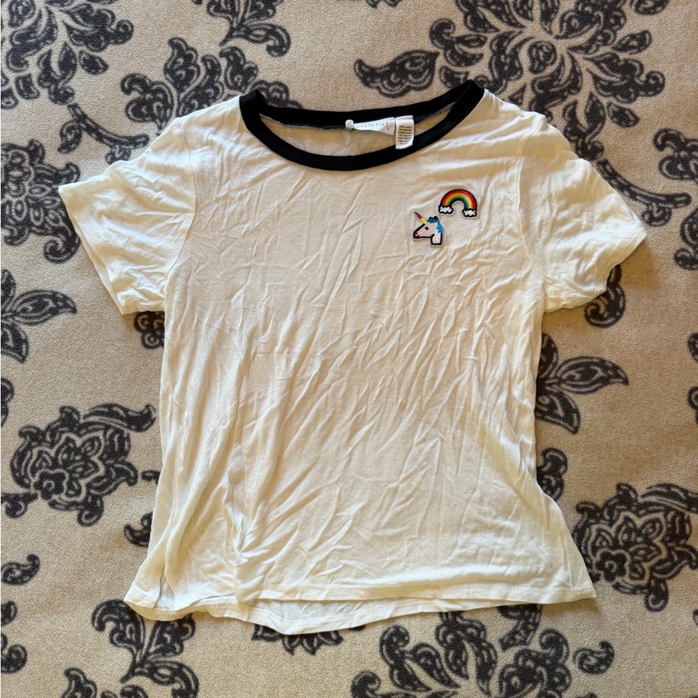White Ringer Tee with Unicorn & Rainbow Patch
